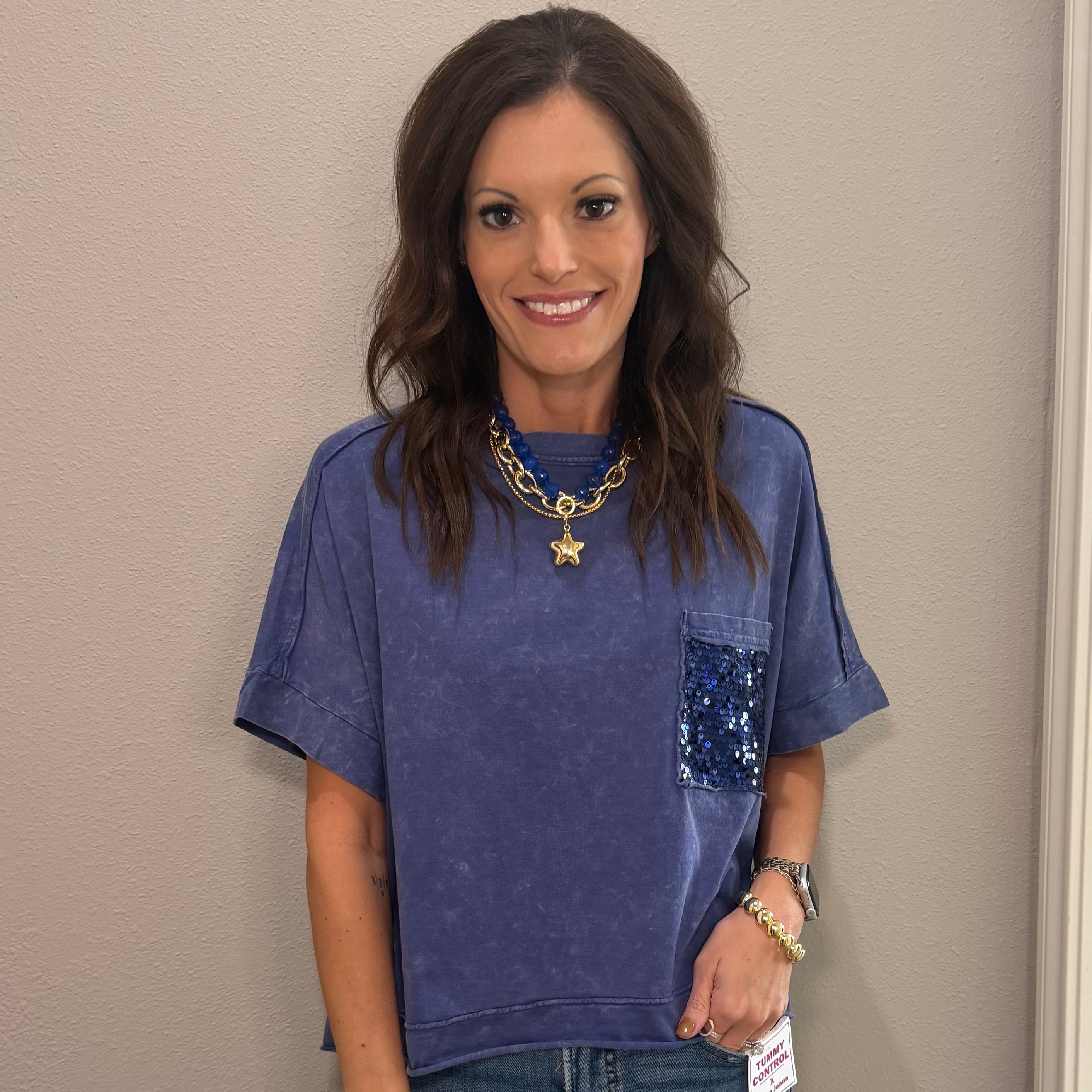Blue Sequin Pocket Mineral Washed Cotton Top