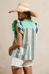 Blue Linen Mix Stripe Ruffle Sleeve Top