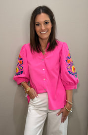 Hot Pink Embroidered 3/4 Sleeve Button Down Top