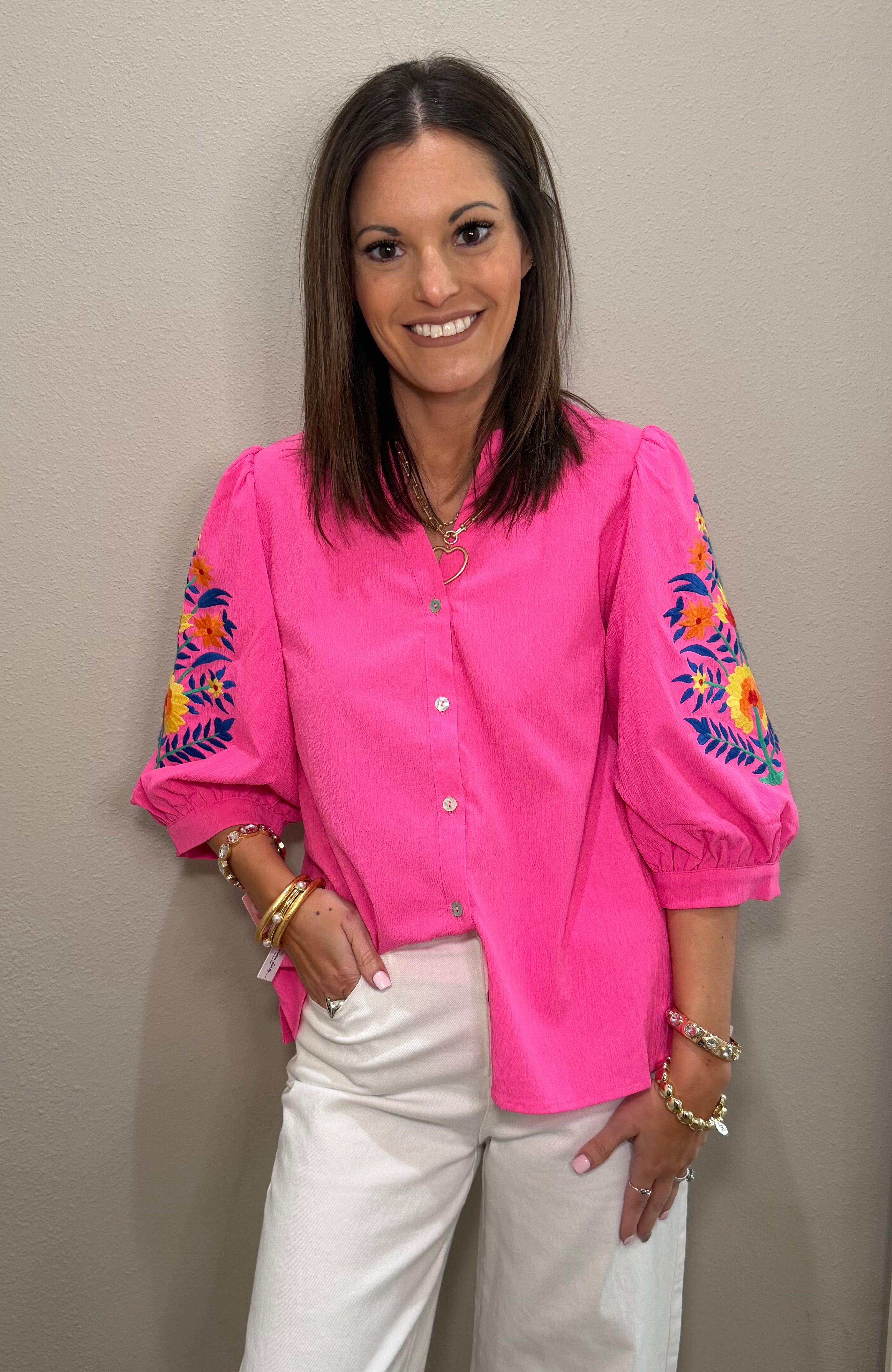 Hot Pink Embroidered 3/4 Sleeve Button Down Top