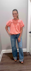 Peach Bubble Sleeve Eyelet Top