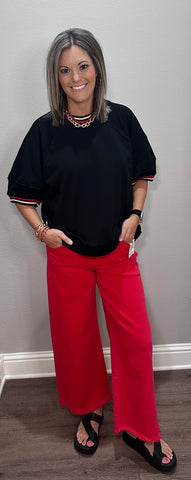 Black Cotton Top w/ Red & White Stripe Details
