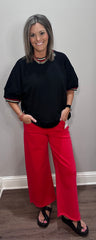 Black Cotton Top w/ Red & White Stripe Details