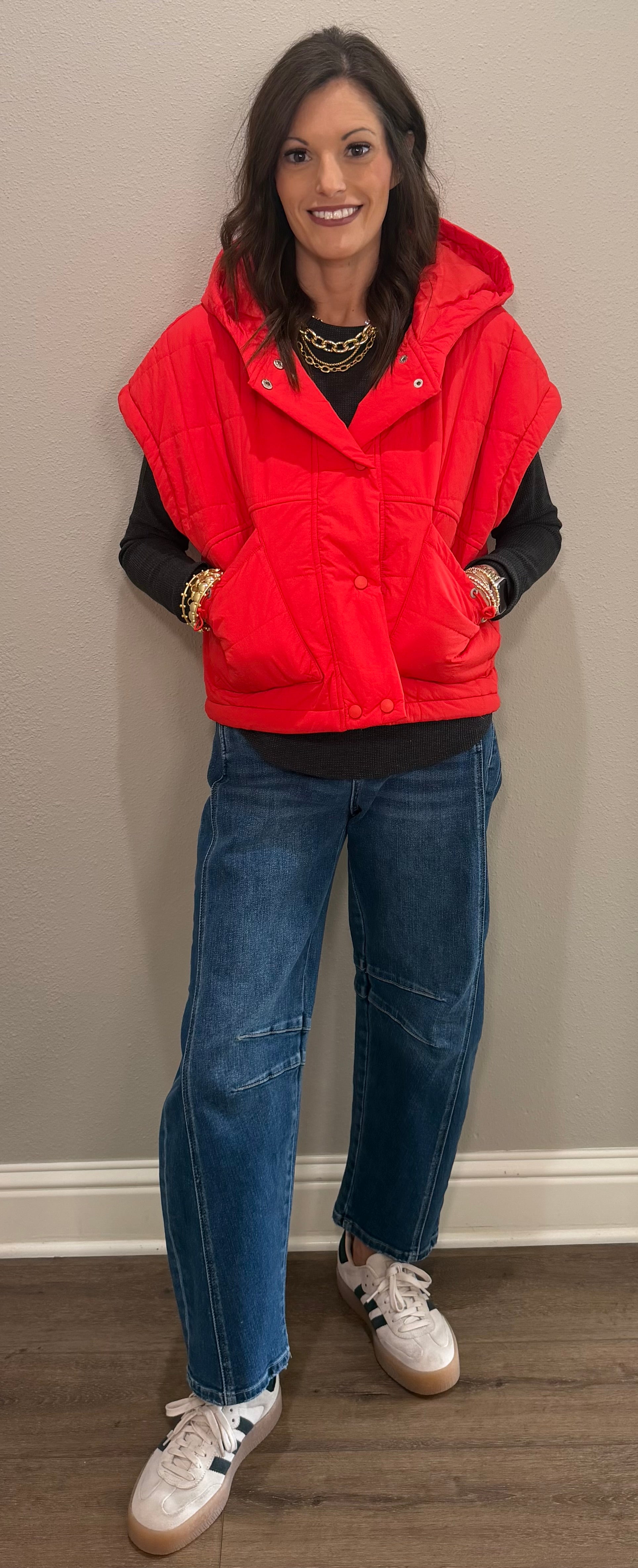 Tomato Red Quilted Hooded Puffer Vest