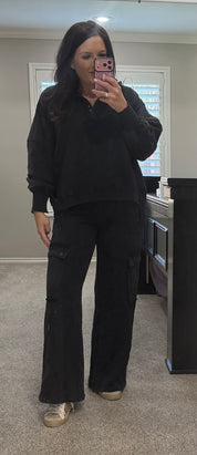 Black Washed Cargo Sweat Set