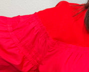 Red Pleated Puff Sleeve Mixed Fabric Top