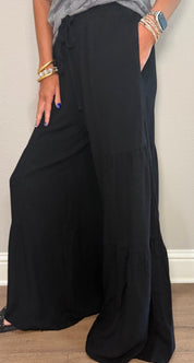Black Linen Blend Tiered Wide Leg Pants