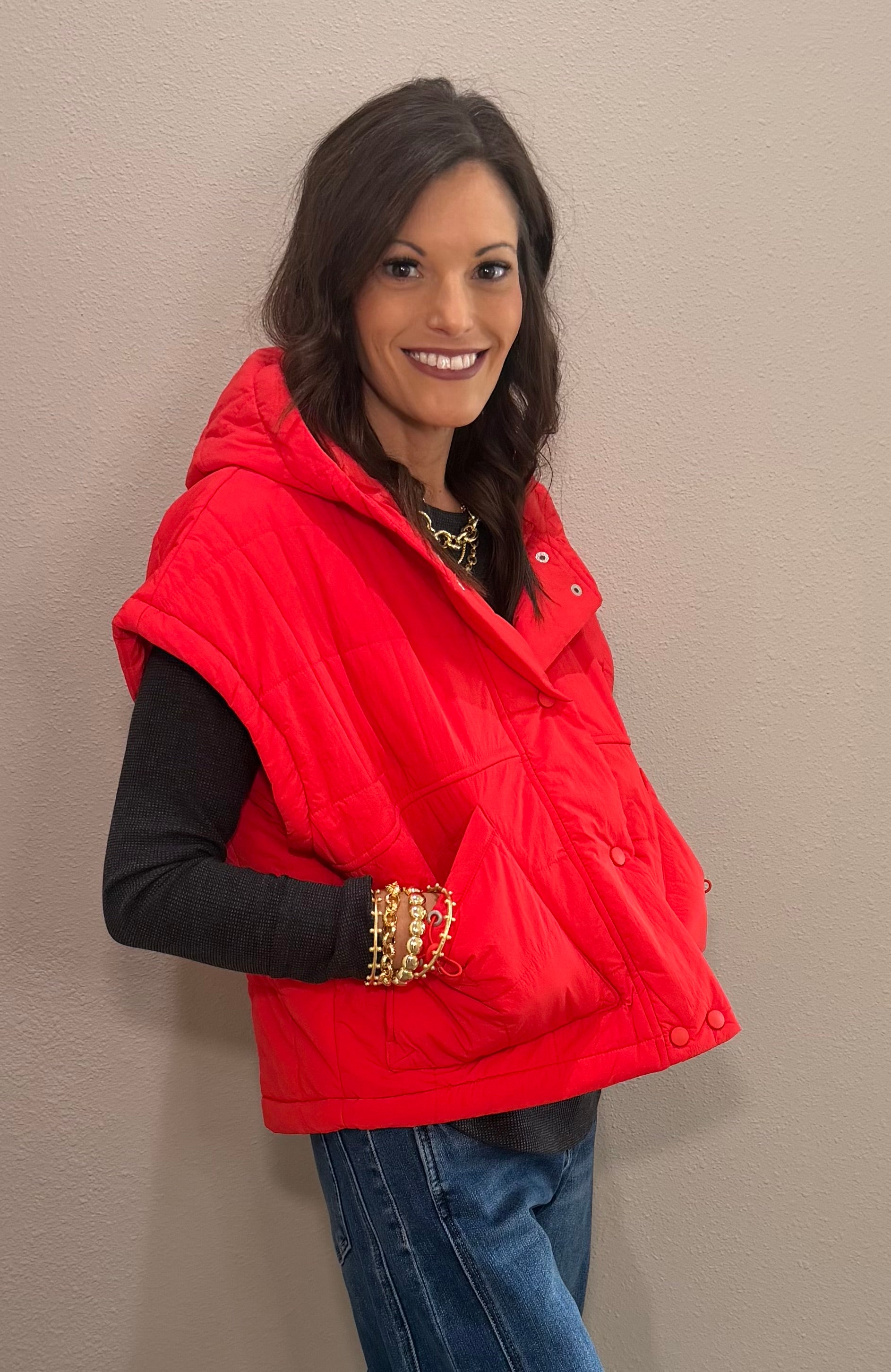 Tomato Red Quilted Hooded Puffer Vest