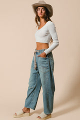 Braided Waist Belt Light Denim Pants