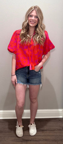 Pink/Red Puff Sleeve Flower Print Top