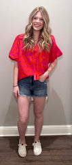 Pink/Red Puff Sleeve Flower Print Top