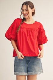 Red Pleated Puff Sleeve Mixed Fabric Top