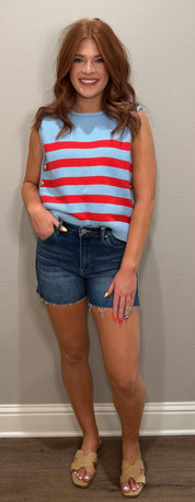 Blue/Red Striped Knit Tank Top w/ Large Gold Button Details