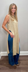 Latte Sleeveless Knit Long Tank w/ Gold Button Details