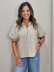 Olive Striped Half Zip Top w/ Puff Sleeves & Thick Collar/Sleeve Band