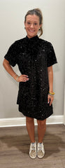 Black Sequin Dress w/ Silk Bow Neck Tie Detail