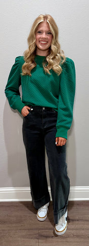 Hunter Green Textured Puff Shoulder Long Sleeve Top