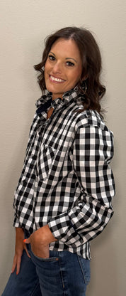 Black & White Checkered Ruffle Collar POLO Button Down Top