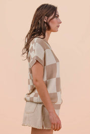 Taupe Mix Checkered Knit Top