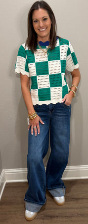 Green/White/Blue Checkered Crochet Top w/ Scallop Bottom Detailing