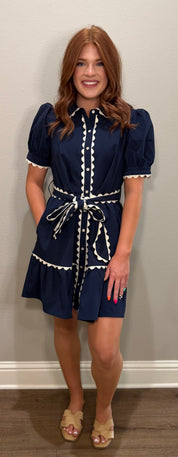 Navy Scalloped Trim Accent Button Down Dress