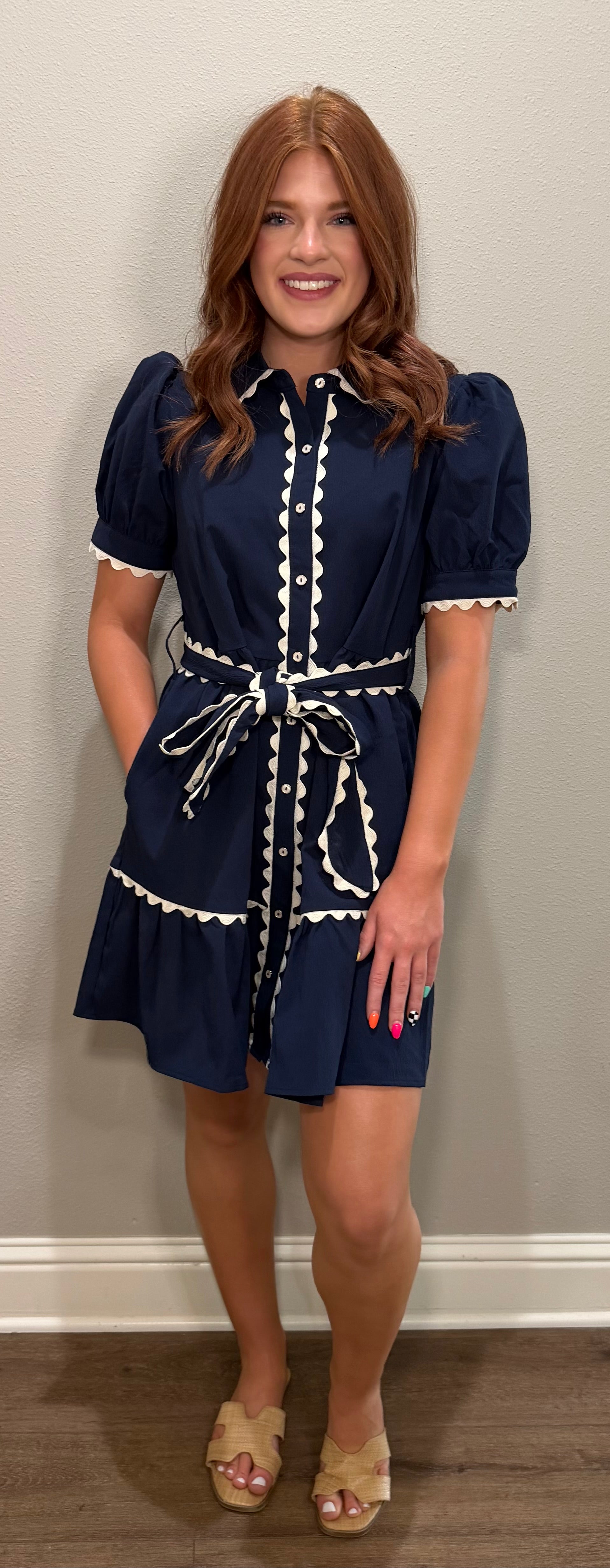 Navy Scalloped Trim Accent Button Down Dress