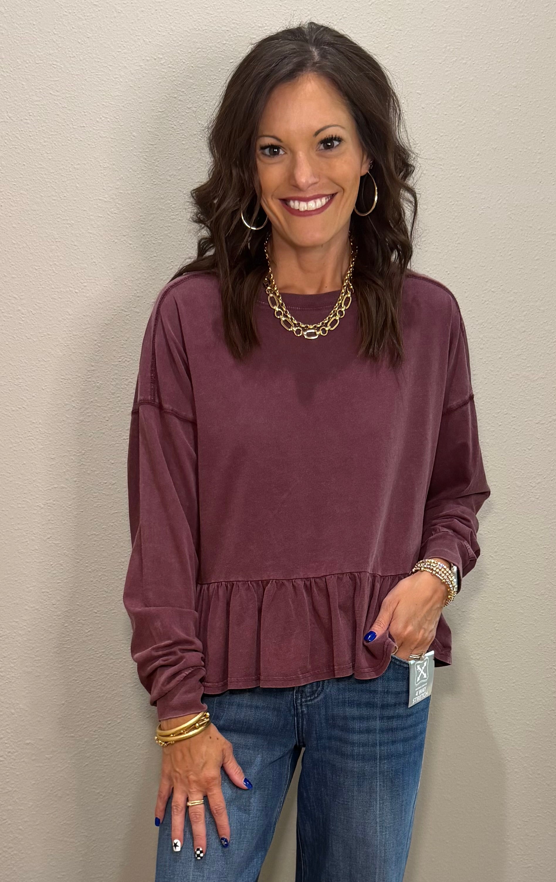 Dark Cherry Peplum Long Sleeve Top
