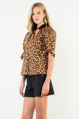THML Velvet-ish Leopard Puff Sleeve Top