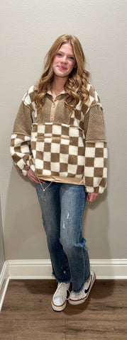 Taupe Checkered Sherpa Pullover