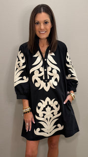Black Baroque Floral Applique Dress