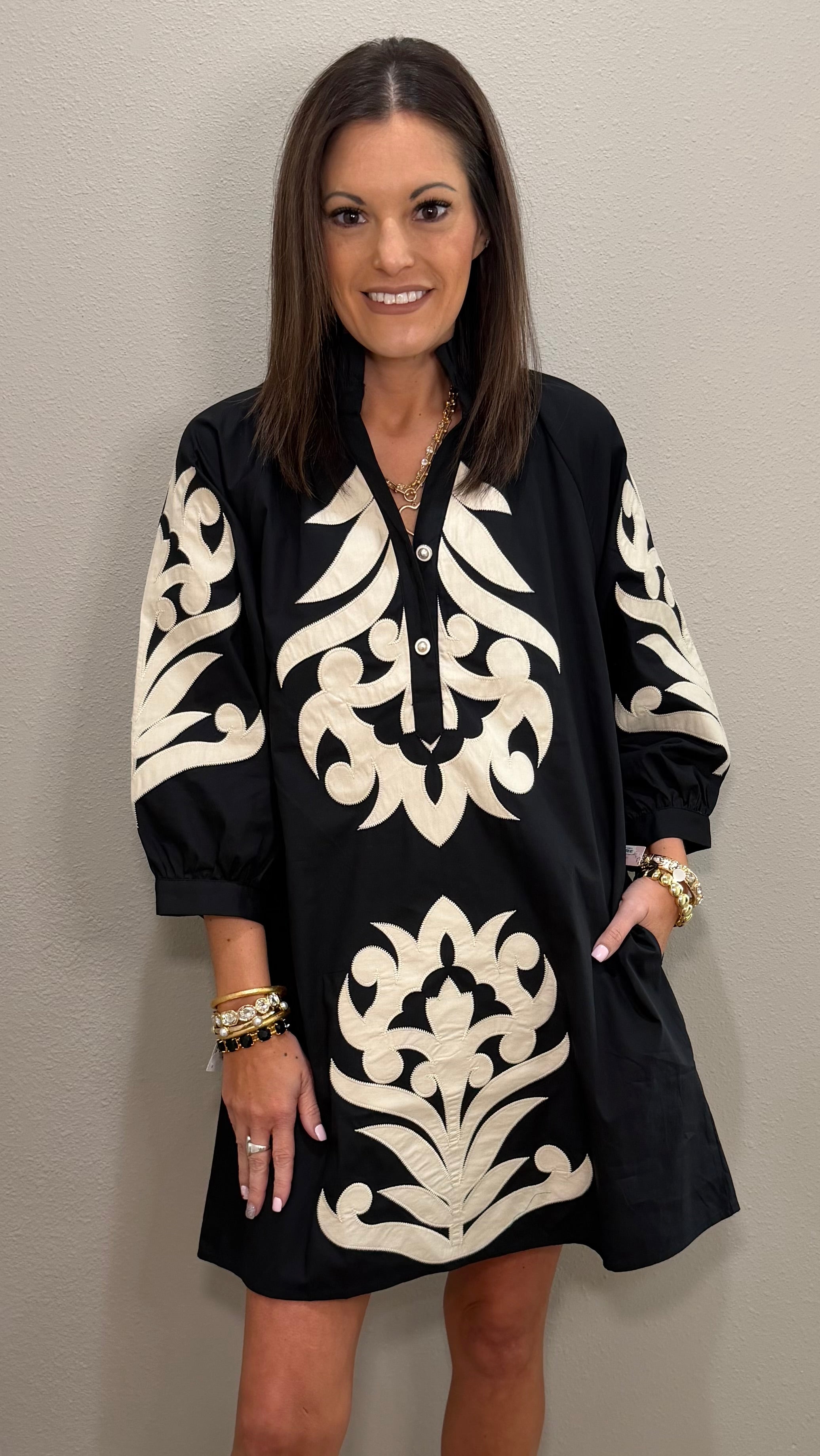 Black Baroque Floral Applique Dress