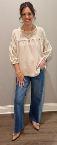 Khaki Mineral Wash Textured Babydoll Top