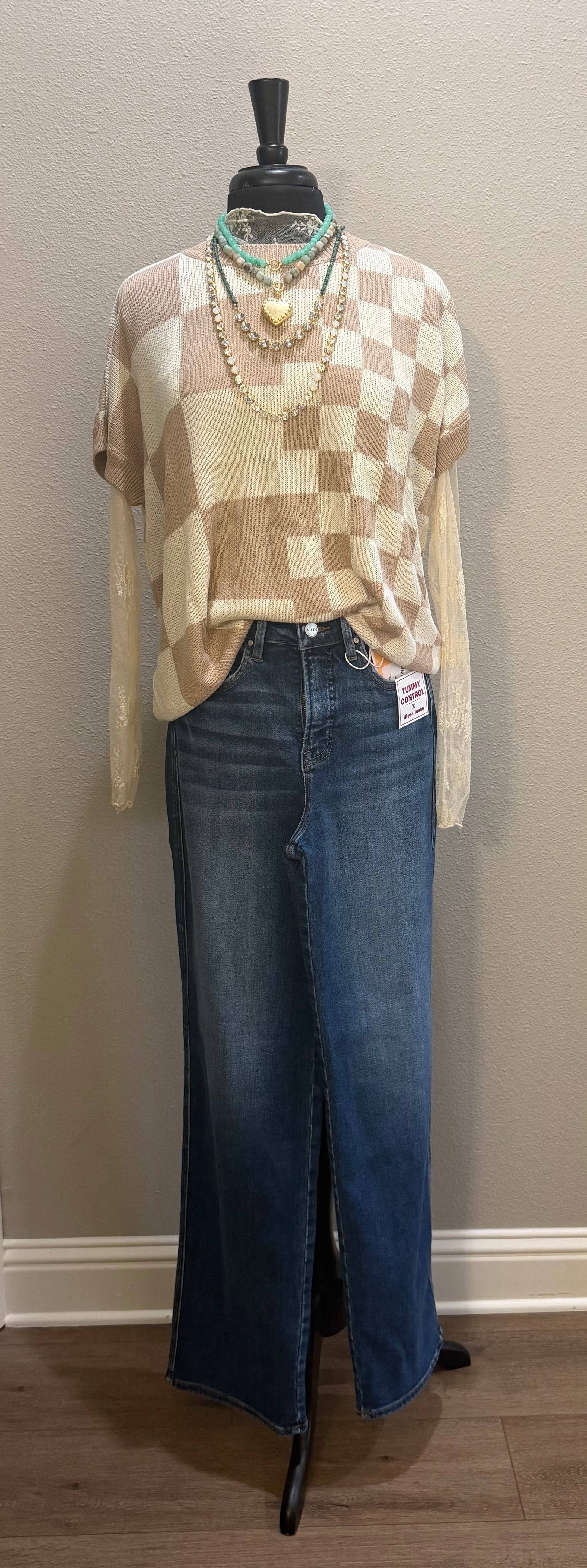 Taupe Mix Checkered Knit Top