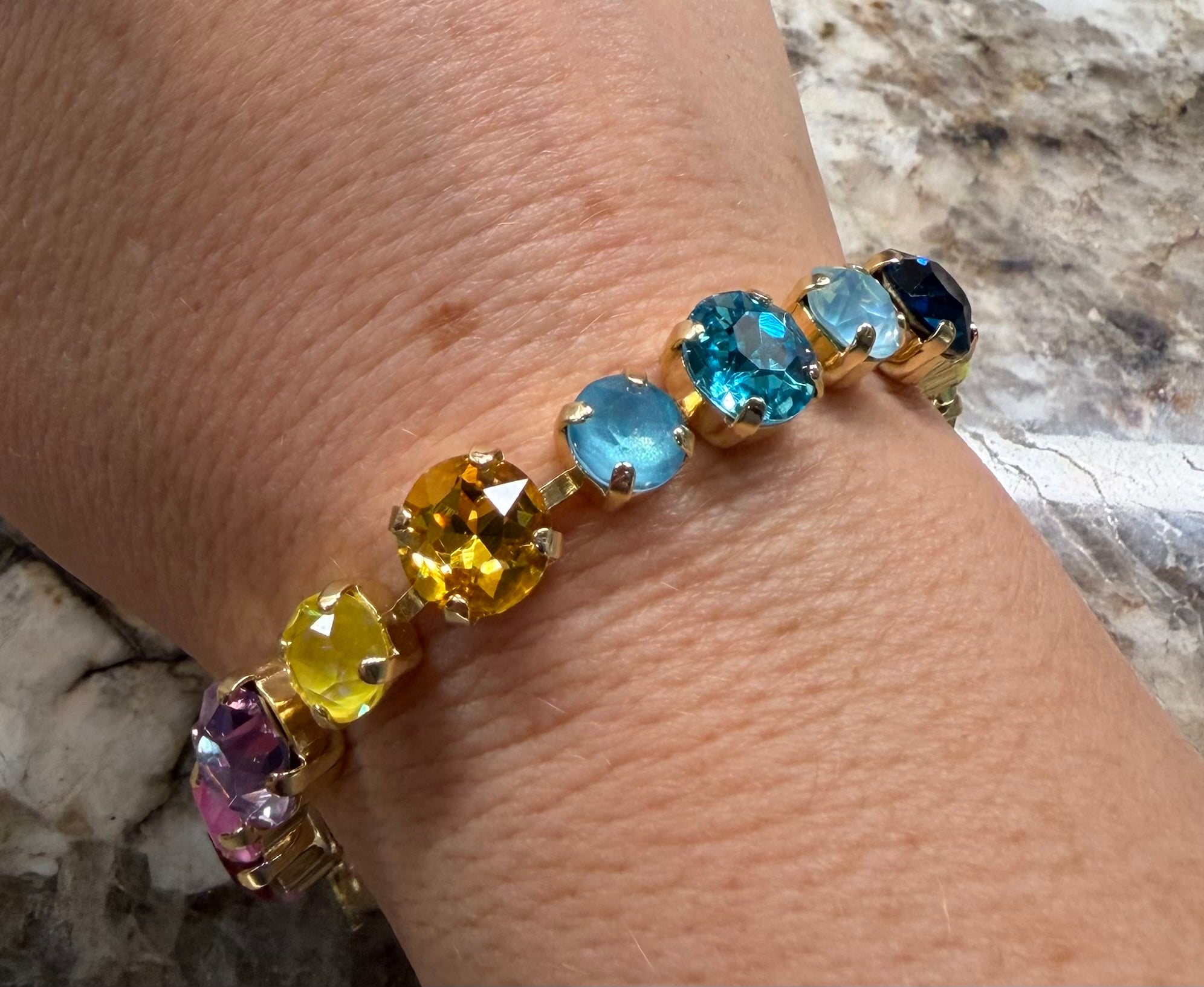 Colorful Rhinestone Linked Bracelet - Alternating Size Stones