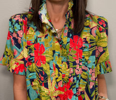 Navy Floral Printed Dress w/ Ruffle Pleated Details