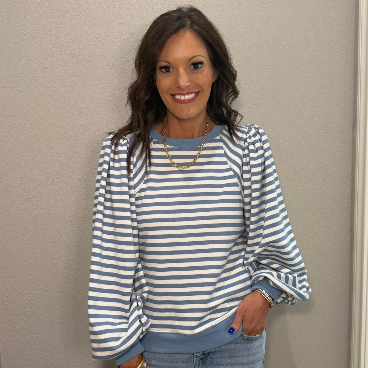 Blue Striped Long Sleeve Puff Shoulder Top