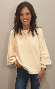 Cream Henley Balloon Sleeve Sweater Top