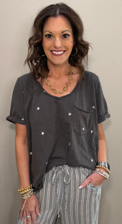 Ash Short Sleeve Oversized Tee w/ Embroidered Star Details