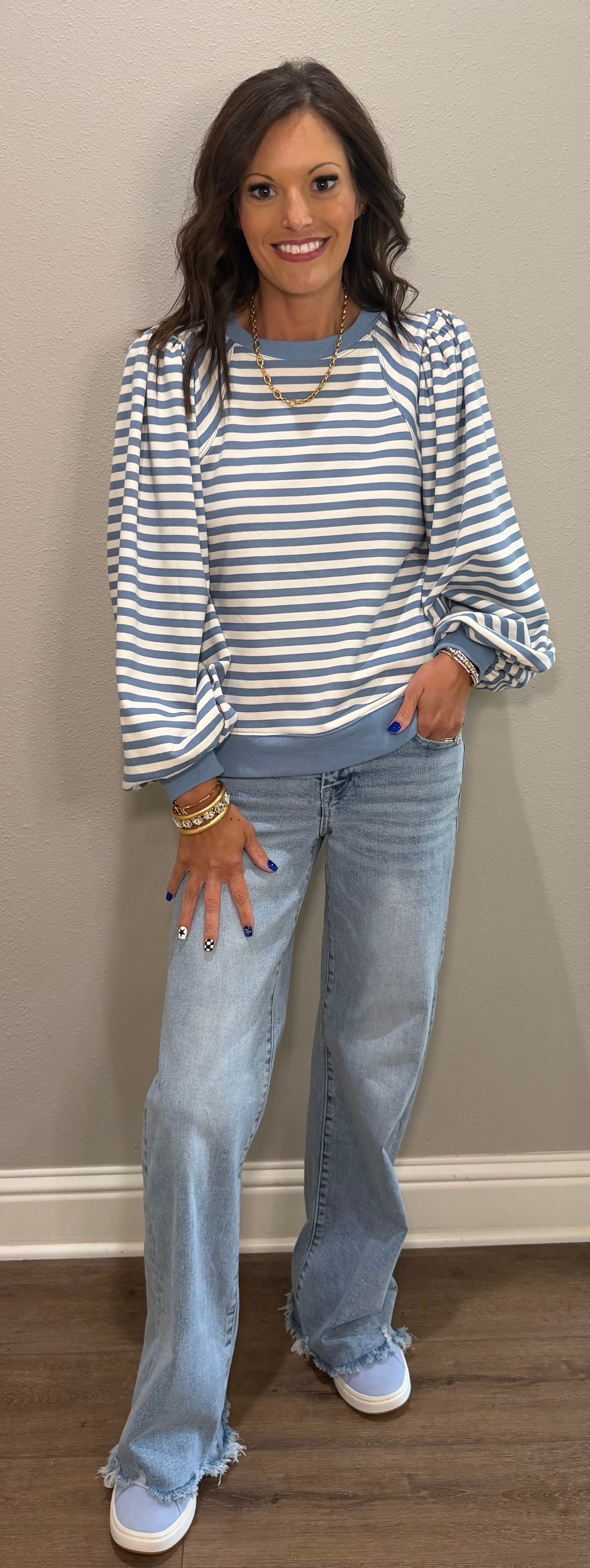 Blue Striped Long Sleeve Puff Shoulder Top