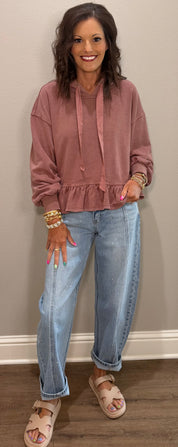 Toasted Walnut Mineral Washed Ruffle Hem Hoodie