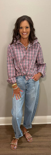 Red Multi Stripe Plaid Ruffle Collar Top