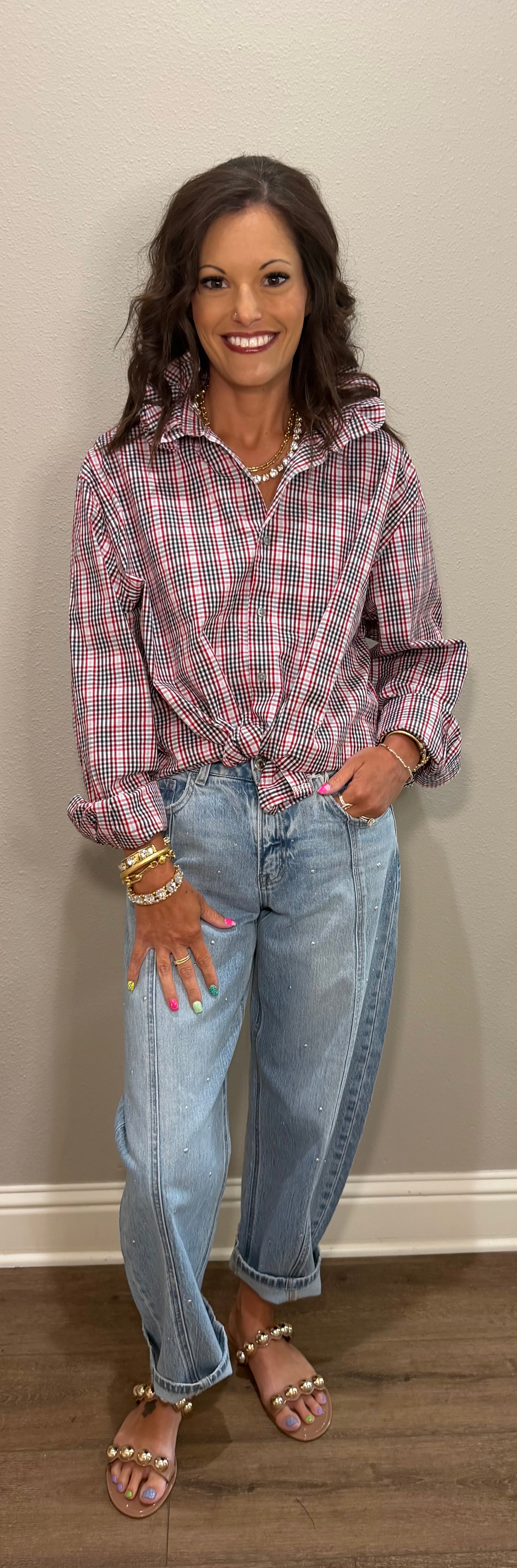 Red Multi Stripe Plaid Ruffle Collar Top