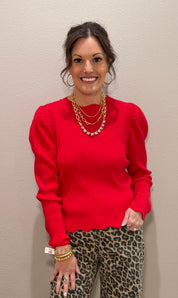 Red Scalloped Edge Puff Sleeve Ribbed Top