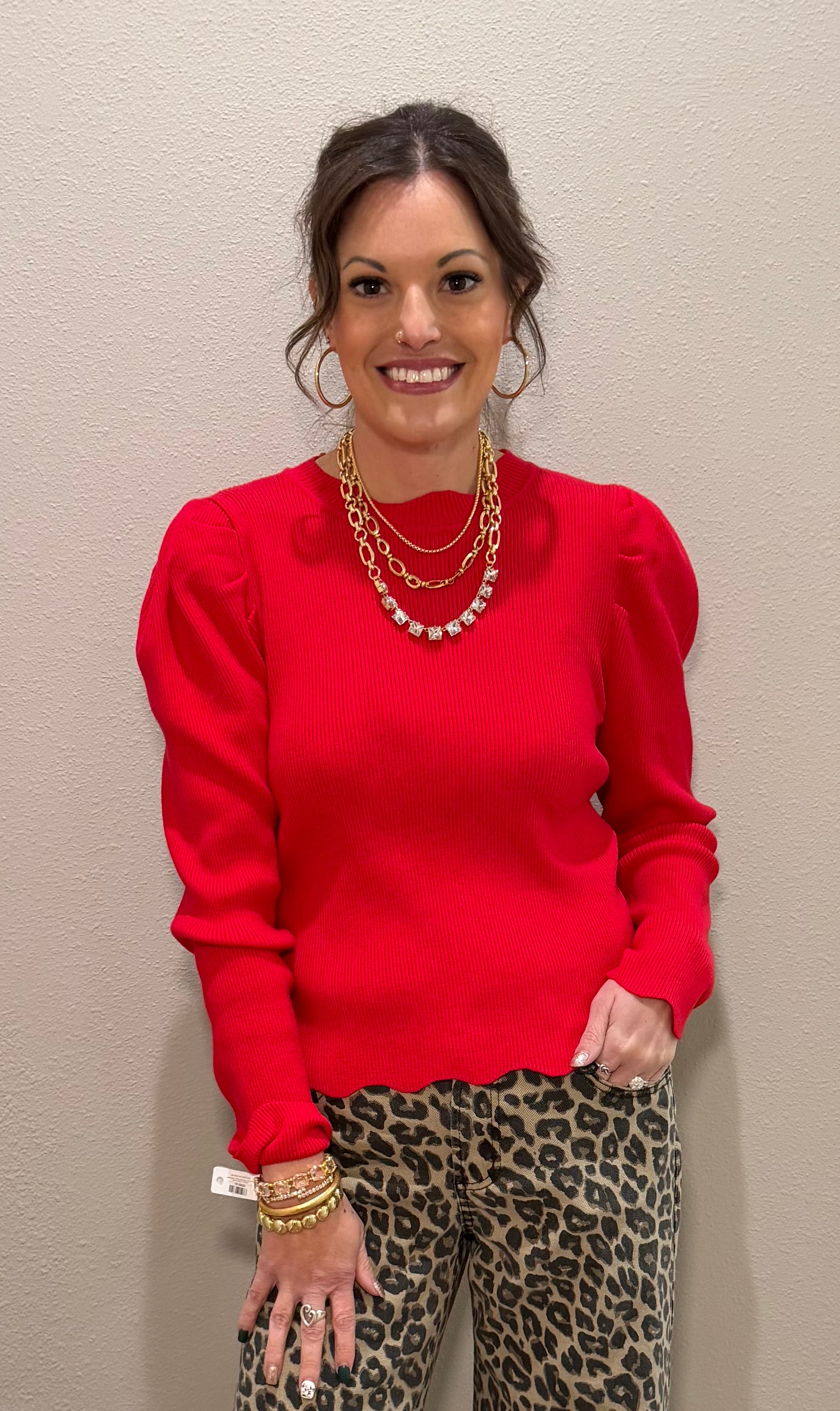 Red Scalloped Edge Puff Sleeve Ribbed Top