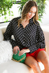 Black Polka Dot Button Down Satin Top