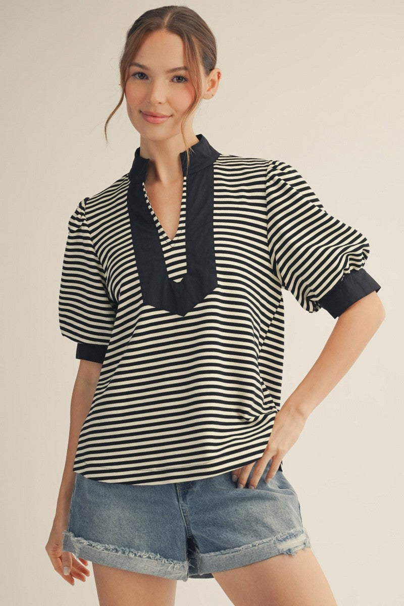 Black Striped Puff Sleeve Top