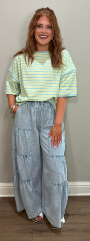 Wide Leg Tiered Layer Mineral Washed Chambray Pants