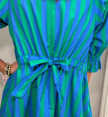 Blue/Green Striped Cotton Puff Sleeve Dress w/ Tie Back