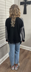 Black Thermal Knit Henley Stripe Long Sleeve Top