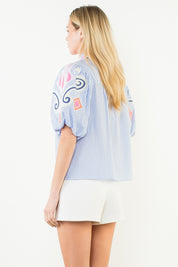 THML Blue Striped Embroidered Puff Sleeve Top